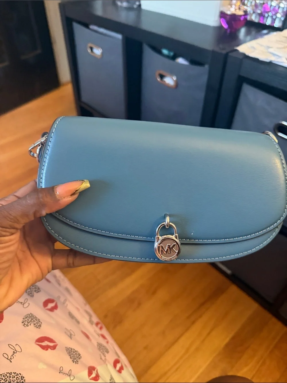 Michael Kors Sky Blue Leather Crossbody with MK Lock Charm